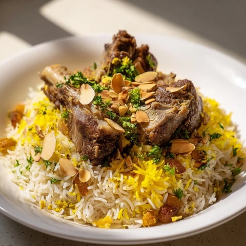 Aromatic Saudi Kabsa rice with tender meat, golden raisins, and toasted almonds, a festive feast.