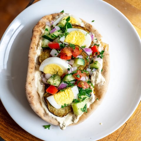 Golden-brown fried eggplant and creamy tahini inside a hearty Israeli Sabich, ready to enjoy.
