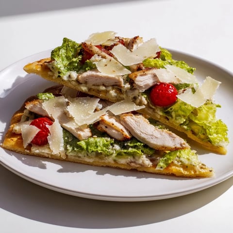 A close-up of Caesar Chicken Flatbread, featuring golden-baked naan topped with tender grilled chicken, crisp romaine lettuce, creamy Caesar dressing, and freshly grated Parmesan cheese.