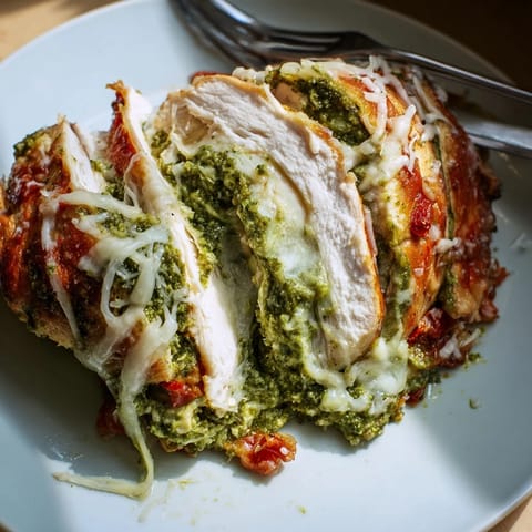 Flavorful baked Basil Pesto Stuffed Chicken Breasts, served warm and drizzled with olive oil.  