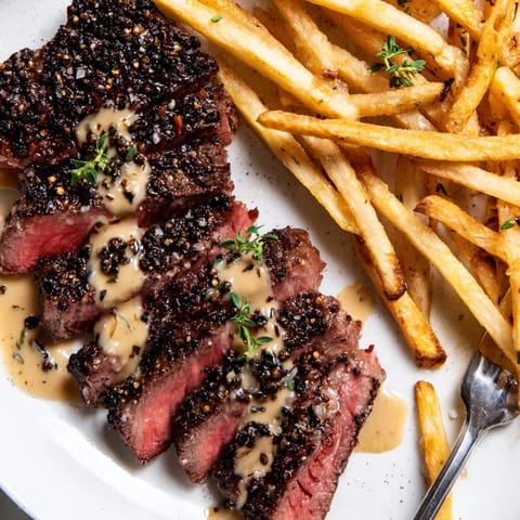 Savory classic peppercorn ribeye steak served alongside crispy golden fries on a plate.  