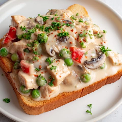 Spoonfuls of savory chicken à la king, with bright peas, over crisp toast ready for a meal.