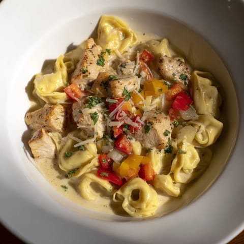 Sizzling Zesty Cajun Garlic Parmesan Chicken Tortellini; chicken pieces nestled in a rich, spicy cheese sauce.