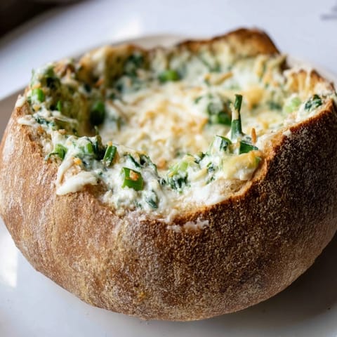 A warm and creamy Best-Ever Spinach Dip, ladled inside a crusty bread bowl, ready to serve.