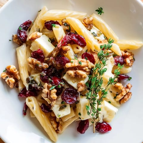 A close-up of Baked Brie & Cranberry Pasta, showing golden melted brie cheese and walnuts.