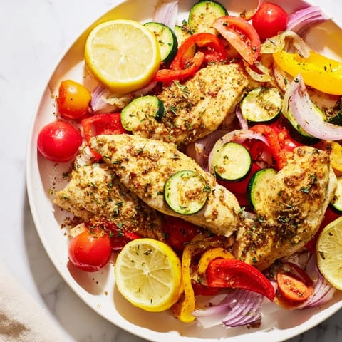 Golden Sheet Pan Lemon Oregano Chicken Cutlets served with fresh lemon wedges and herbs, inviting aroma.