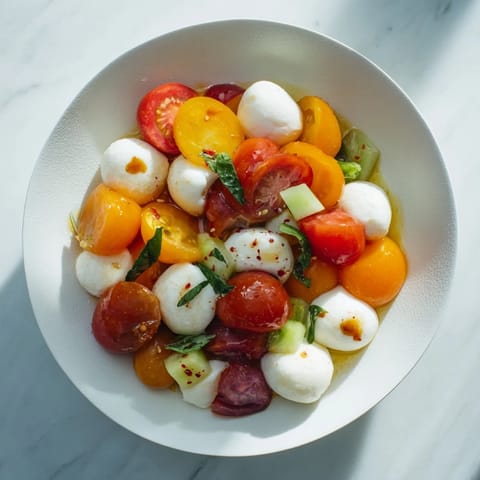 Fresh Simple Holiday Chopped Caprese Salad: ripe tomatoes, creamy mozzarella, and balsamic glaze, ready to serve.