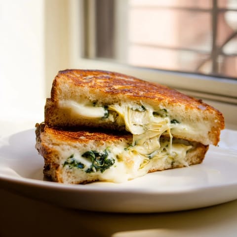 Close-up of bubbling Air Fryer Spinach & Artichoke Dip Grilled Cheese, oozing cheesy goodness, ready to eat.