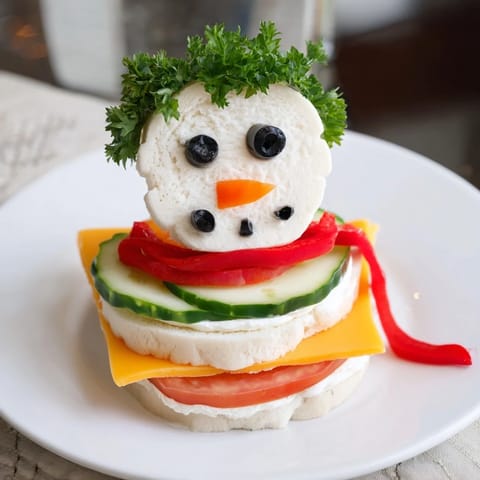 This fun-to-make Snowman Sandwich Stack is layered with cheddar and cucumber slices.