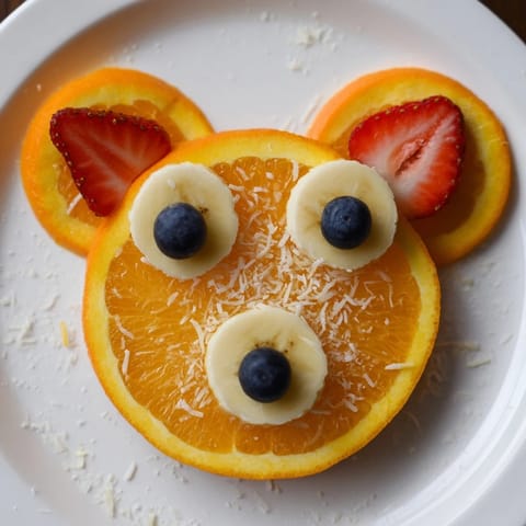A playful, kid-friendly orange slice bear face board, with fresh banana snouts and juicy strawberries.