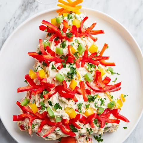 Creamy and flavorful Chili Pepper Christmas Tree Dip, beautifully arranged, served with crackers for dipping pleasure.