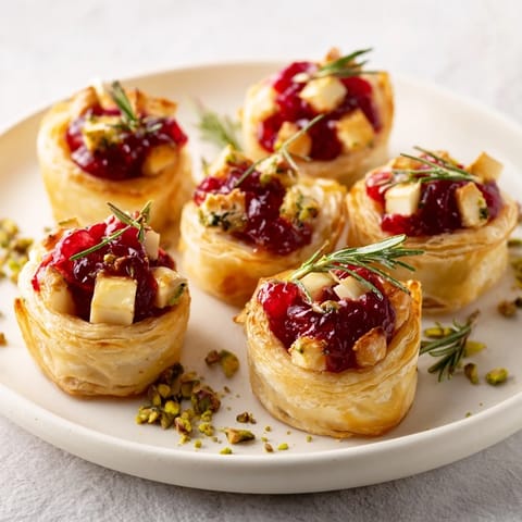 A close-up of a festive Mini Cranberry Brie Tart Wreath ready for your holiday appetizer table.