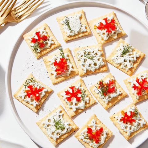 A close-up of beautifully presented savory cracker and cheese snowflake appetizers, garnished with fresh herbs.