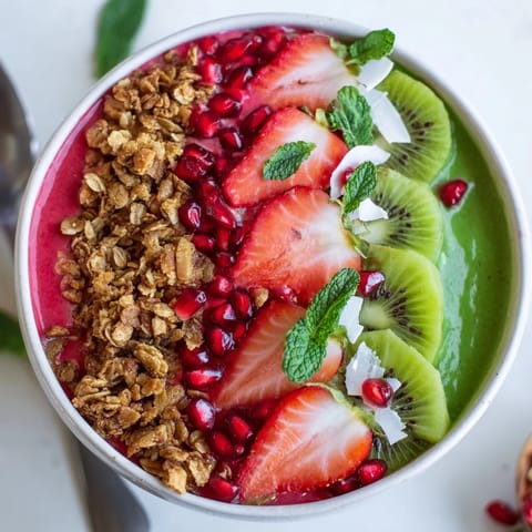 A colorful close-up of Festive Red and Green Smoothie Bowls, showing the creamy textures and fresh toppings.