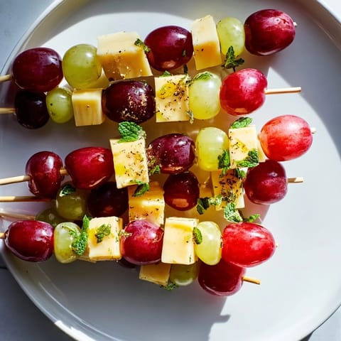 Close-up of Sparkling Grape and Cheese Skewers: a beautiful appetizer with alternating colorful grapes and savory cheese cubes.