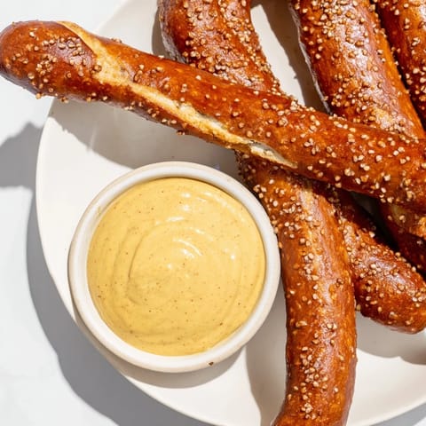 Golden pretzel rods ready to dip in creamy, spicy hot mustard, a perfect appetizer.