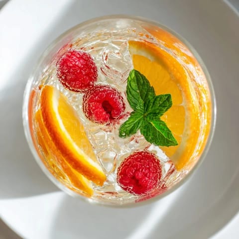 Beautiful glasses of Sparkling Juice with Raspberries, red berries floating in bubbly clear beverage, celebration ready.