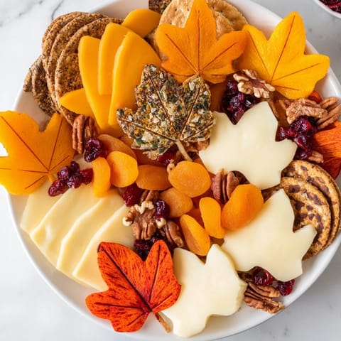 See the festive Thanksgiving Leaf Fall snack board with vibrant fall leaf cutouts ready to be enjoyed.
