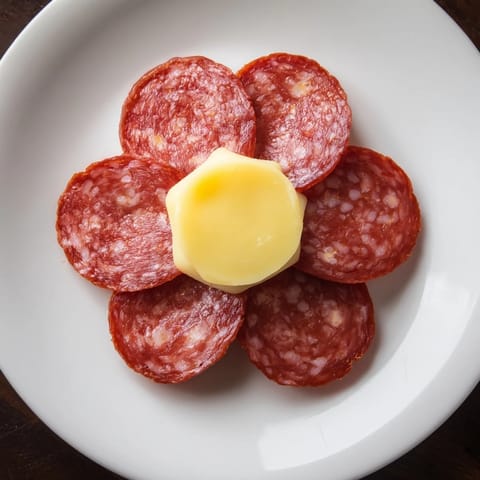 Vibrant Tudor Rose appetizer: five salami petals elegantly surround a yellow cheese center.