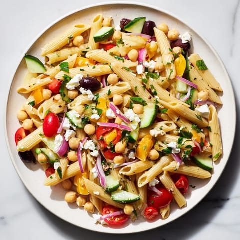 Cool, refreshing Mediterranean Pasta Salad showcases colorful vegetables and hearty chickpeas drizzled with olive oil dressing.