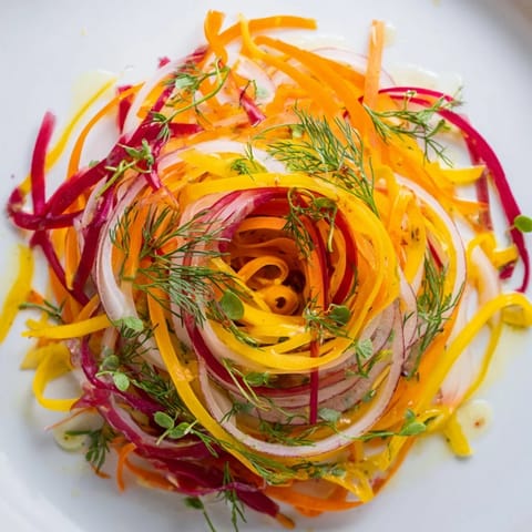 Fresh herbs and vibrant shaved veggies make this The Spinning Top salad a stunning appetizer.