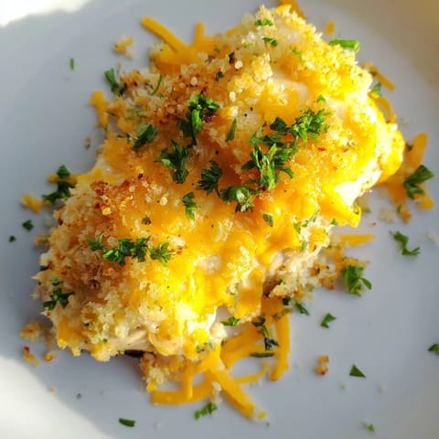 Mouthwatering image of Cheesy Baked Chicken Breast with crispy breadcrumbs, served hot and delicious.