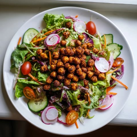 This Mixed Greens Salad featuring toasted chickpeas is ready to be tossed with creamy dressing.
