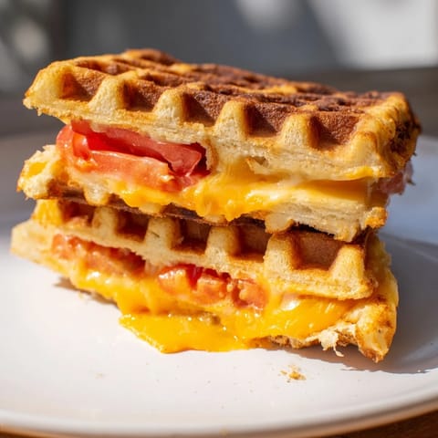Imagine a perfectly cooked Waffle Grilled Cheese with melted cheese pull, served with tomato soup.