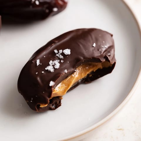 Close-up of perfectly dipped Chocolate Peanut Butter Dates, a delightful and easy homemade treat option.