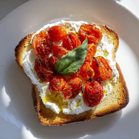 A close-up of warm Tomato Ricotta Toast with juicy roasted tomatoes, olive oil drizzle, and lemon zest.  