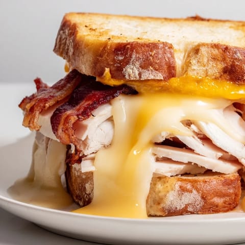 A close-up of a savory Turkey Club Grilled Cheese on sourdough, featuring juicy tomato slices and golden, buttery toasted bread.  