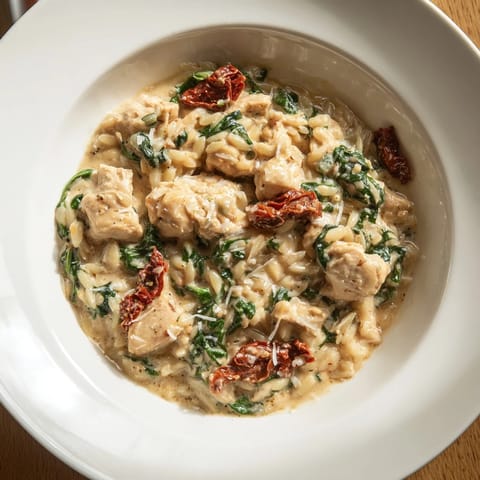 A close-up of Tuscan Chicken Orzo topped with fresh basil and parmesan, steam rising from the pasta.  