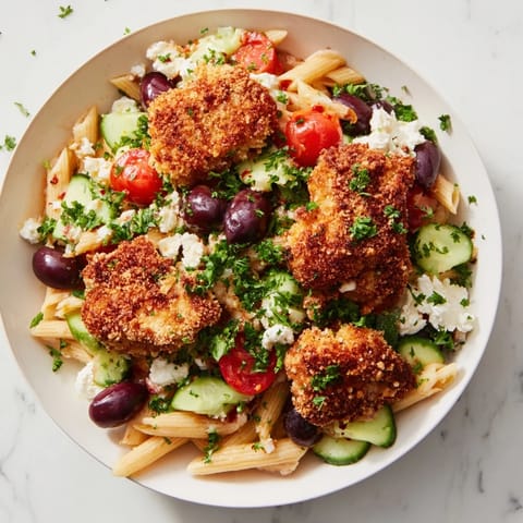 Savor a bowl of Crispy Chicken Greek Pasta featuring tender pasta, crunchy chicken bites, and a zesty Mediterranean dressing.