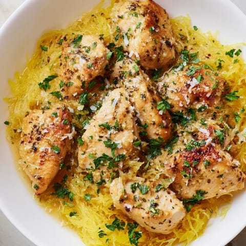 Lemon Garlic Chicken Spaghetti Squash served warm with juicy chicken pieces, aromatic garlic, and bright lemon zest over fluffy pasta-like squash strands.
