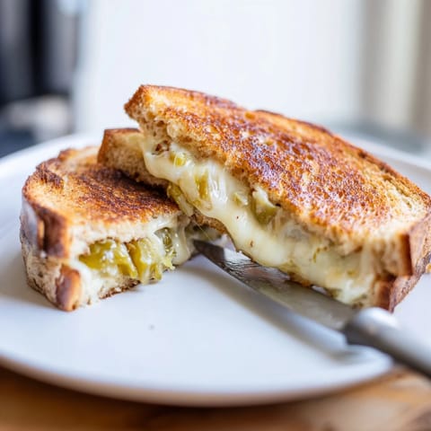 Golden-brown sourdough slices are filled with melted pepper jack cheese and chopped pickled jalapeños in the Jalapeño Pepper Jack Grilled Cheese.  
