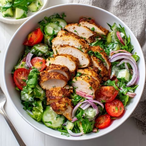 Freshly prepared chicken shawarma salad bowl served with cherry tomatoes, cucumbers, parsley, and zesty garlic drizzle.