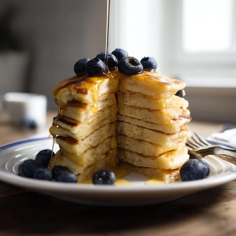 Fluffy Protein Power Pancakes stacked high, drizzled with maple syrup and topped with fresh berries on a white plate.  