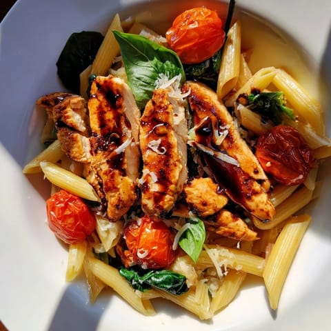 Savory Balsamic Glazed Chicken Pasta served warm, topped with Parmesan cheese and fresh basil garnish for dinner.