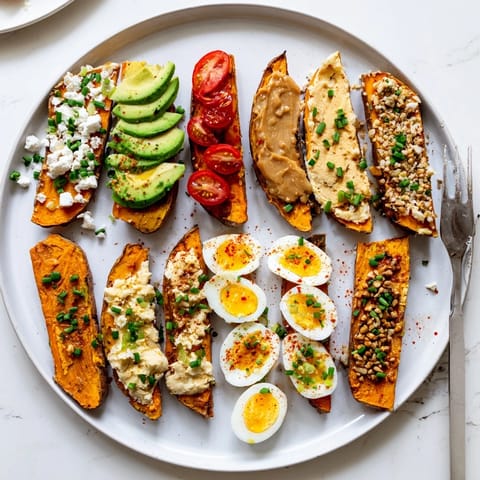 Warm sweet potato toast variations spread with smooth peanut butter, sliced banana, and crunchy granola, drizzled with honey.  