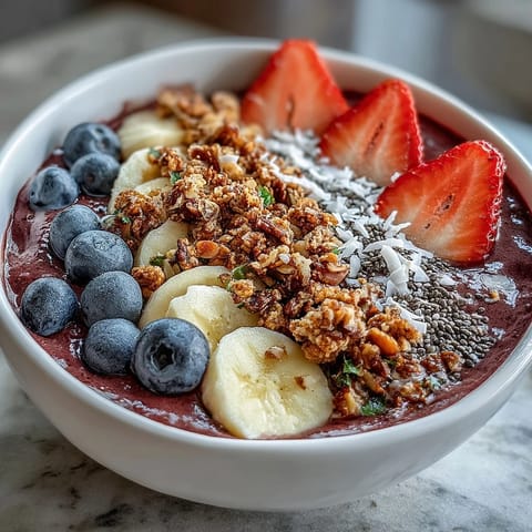 Vibrant Acai Berry Smoothie Bowl topped with fresh banana slices, juicy berries, and crunchy granola for a nutrient-packed breakfast.