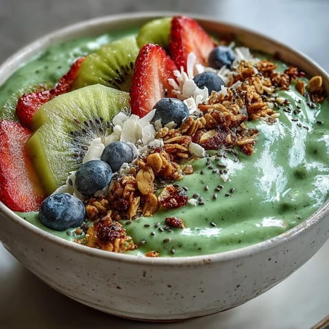 Enjoy this creamy Green Smoothie Bowl, ready in minutes with fresh fruit toppings.