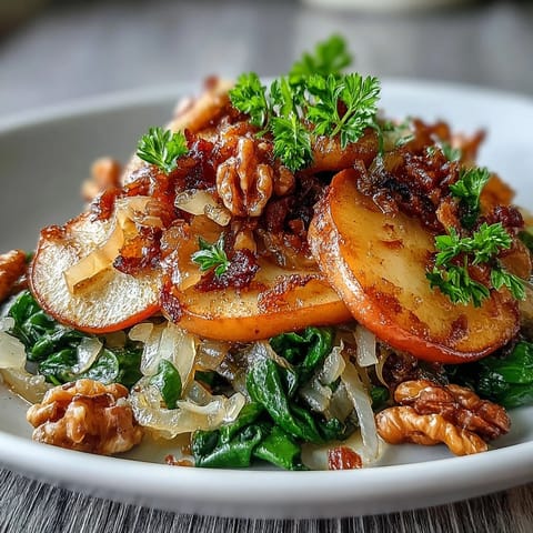 Warm Apple and Sauerkraut Skillet Salad served warm over baby spinach with toasted walnuts and fresh parsley.
