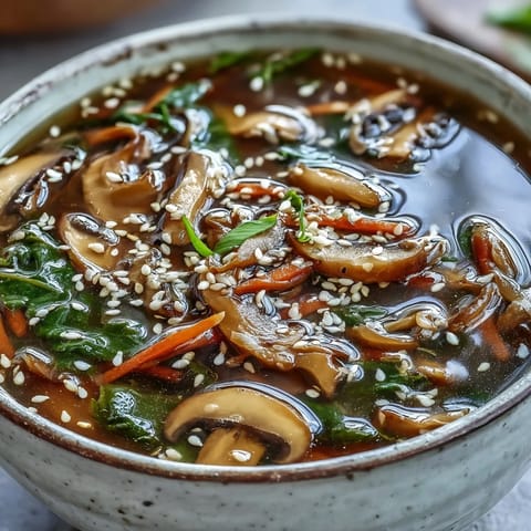 A close-up of Miso Ginger Winter Soup garnished with green onions, sesame seeds, and fresh cilantro.