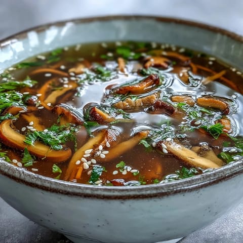 A bowl of Miso Ginger Winter Soup with shiitake mushrooms and wilted spinach in a savory broth.