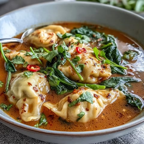 Close-up of Red Curry Wonton Soup With Greens, highlighting tender wontons, snow peas, and fresh cilantro garnish in a red curry broth.