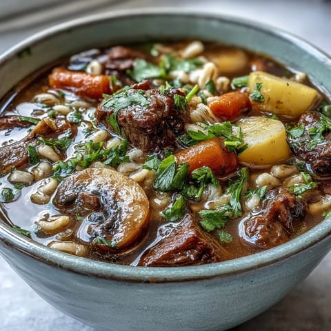 Steamy bowl of Vegetable Beef, Barley, and Mushroom Soup topped with fresh parsley.