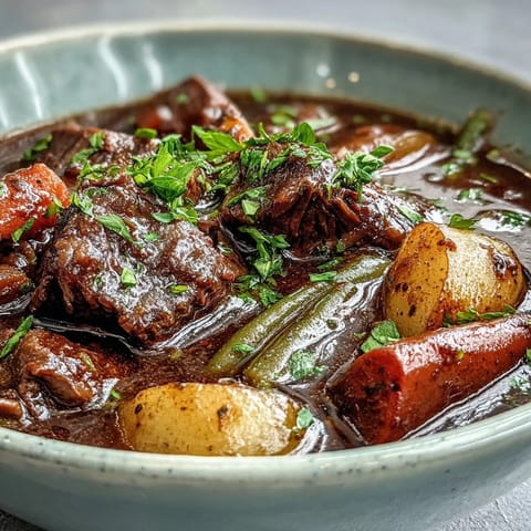 Hearty Beef and Vegetable Soup steaming in a rustic bowl, topped with fresh parsley and tender beef cubes.