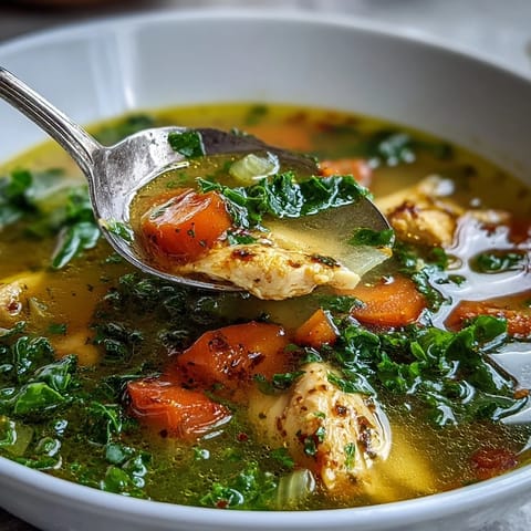 Steaming bowl of High Protein Lemon and Turmeric Chicken Soup garnished with fresh baby kale and lemon wedges.