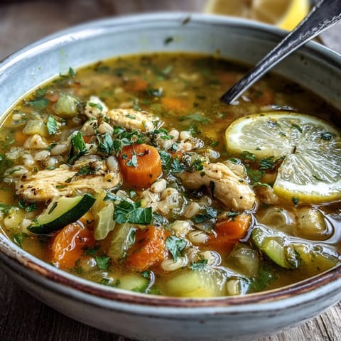 A comforting bowl of Soothing Turmeric Chicken With Pearl Barley, garnished with fresh parsley and a lemon wedge for brightness.