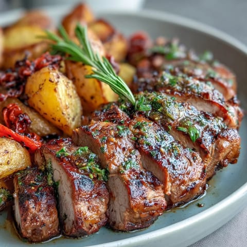 Golden-brown marinated Ibérico pork fillet sliced and plated with roasted red peppers and crispy potatoes.